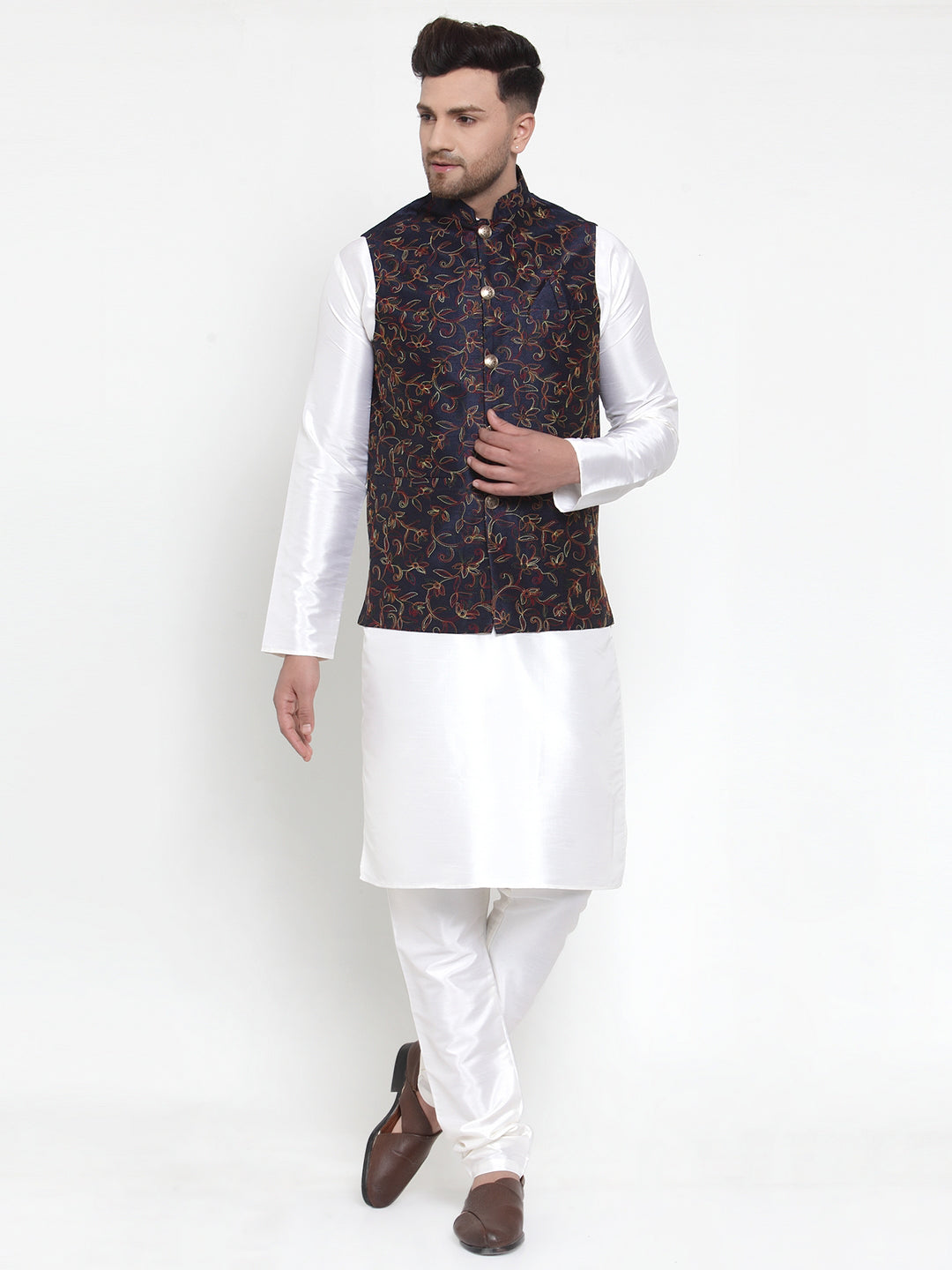 Jompers Men's Solid Dupion Kurta Pajama with Woven Nehru Jacket ( JOKPWC OW-D 4013Navy )