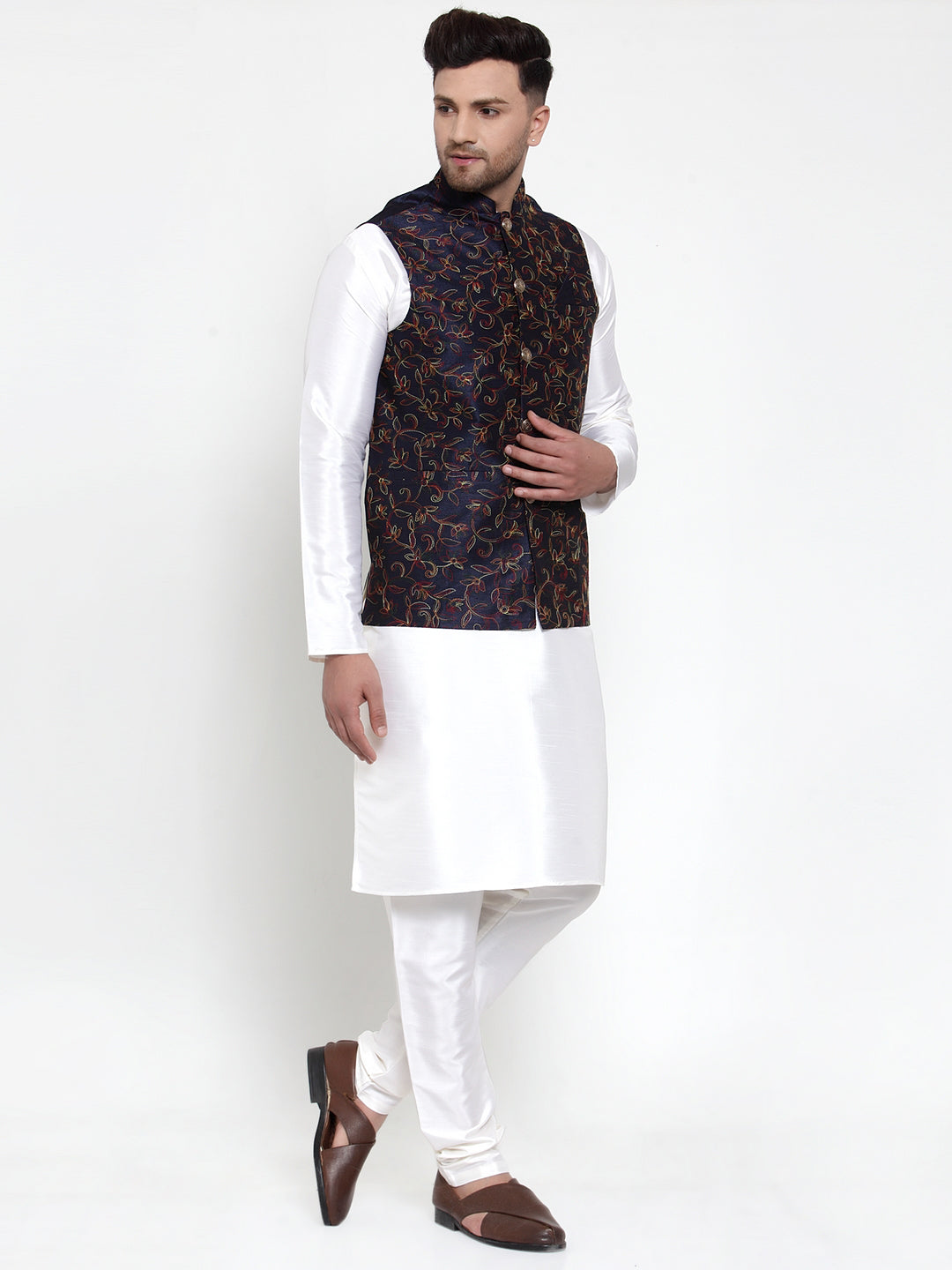 Jompers Men's Solid Dupion Kurta Pajama with Woven Nehru Jacket ( JOKPWC OW-D 4013Navy )
