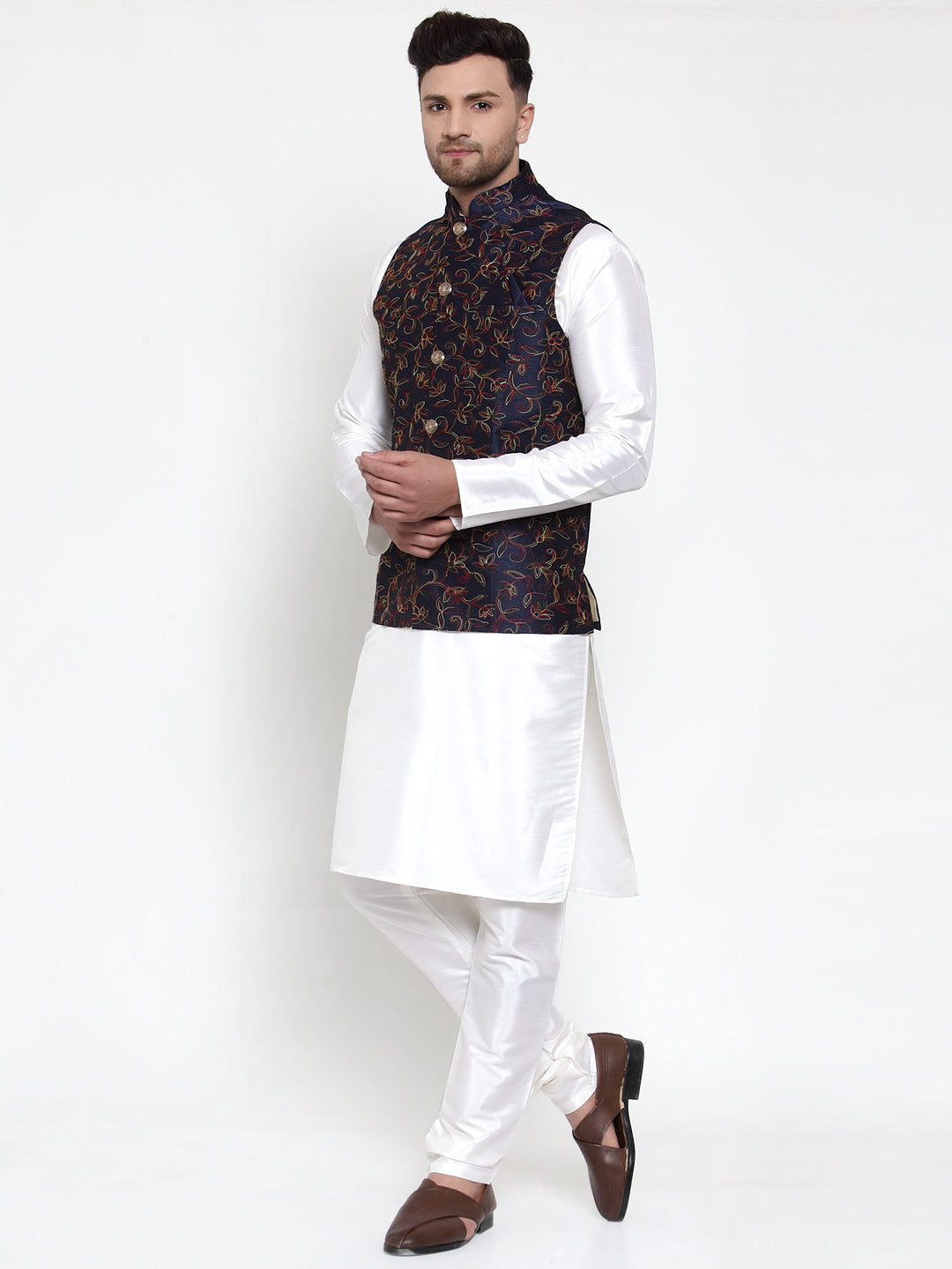 Jompers Men's Solid Dupion Kurta Pajama with Woven Nehru Jacket ( JOKPWC OW-D 4013Navy )
