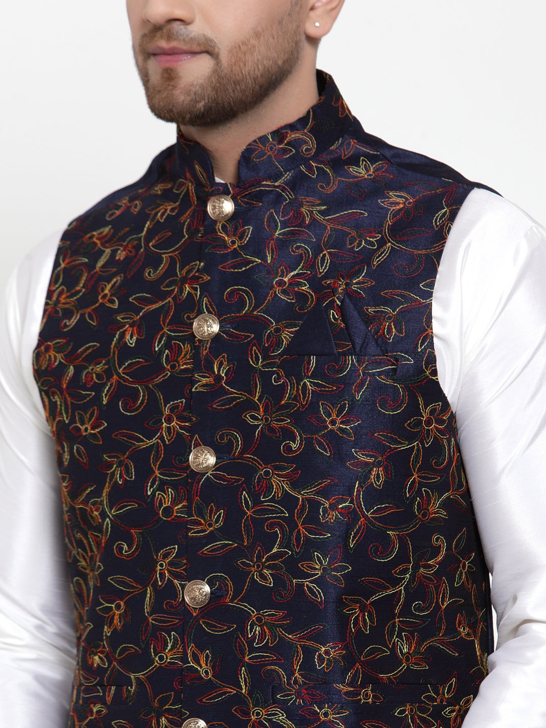 Jompers Men's Solid Dupion Kurta Pajama with Woven Nehru Jacket ( JOKPWC OW-D 4013Navy )