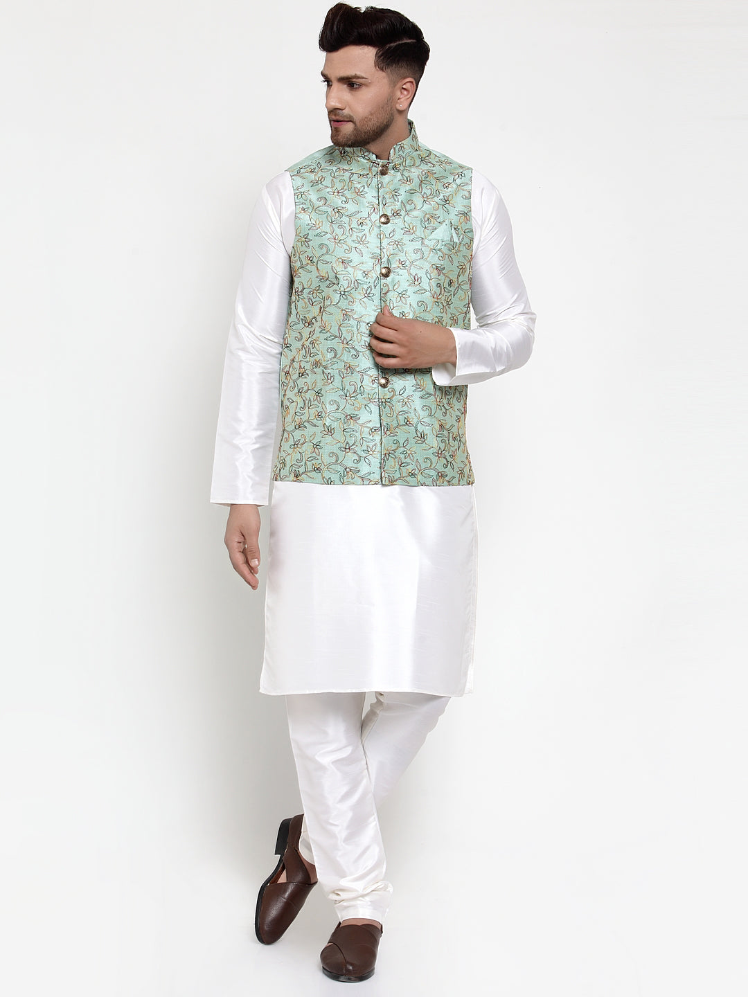 Jompers Men's Solid Dupion Kurta Pajama with Woven Nehru Jacket ( JOKPWC OW-D 4013Sky )