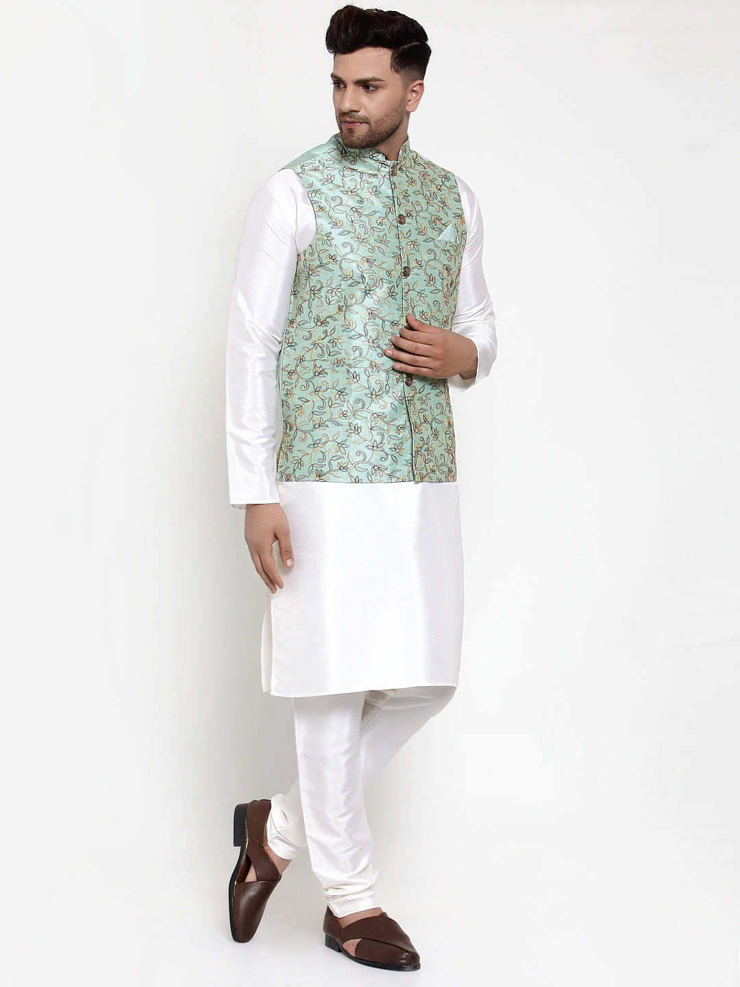 Jompers Men's Solid Dupion Kurta Pajama with Woven Nehru Jacket ( JOKPWC OW-D 4013Sky )