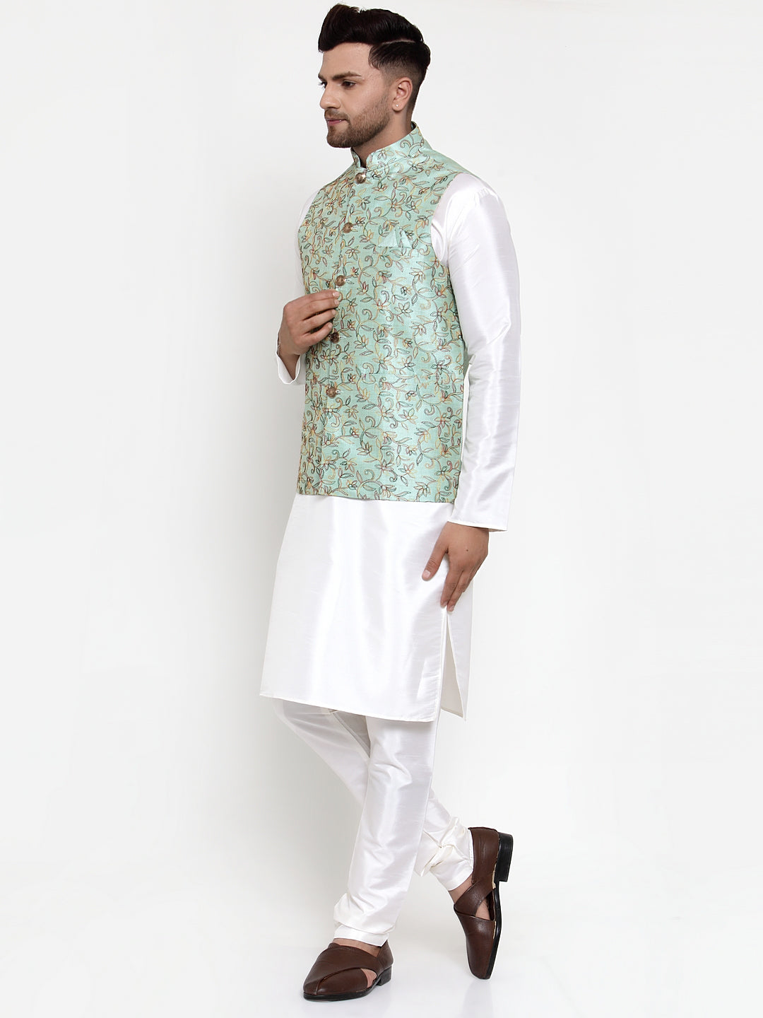 Jompers Men's Solid Dupion Kurta Pajama with Woven Nehru Jacket ( JOKPWC OW-D 4013Sky )