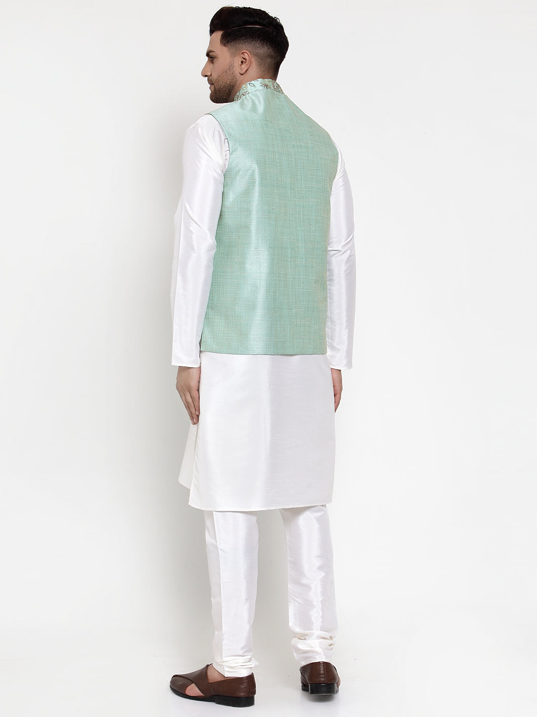 Jompers Men's Solid Dupion Kurta Pajama with Woven Nehru Jacket ( JOKPWC OW-D 4013Sky )