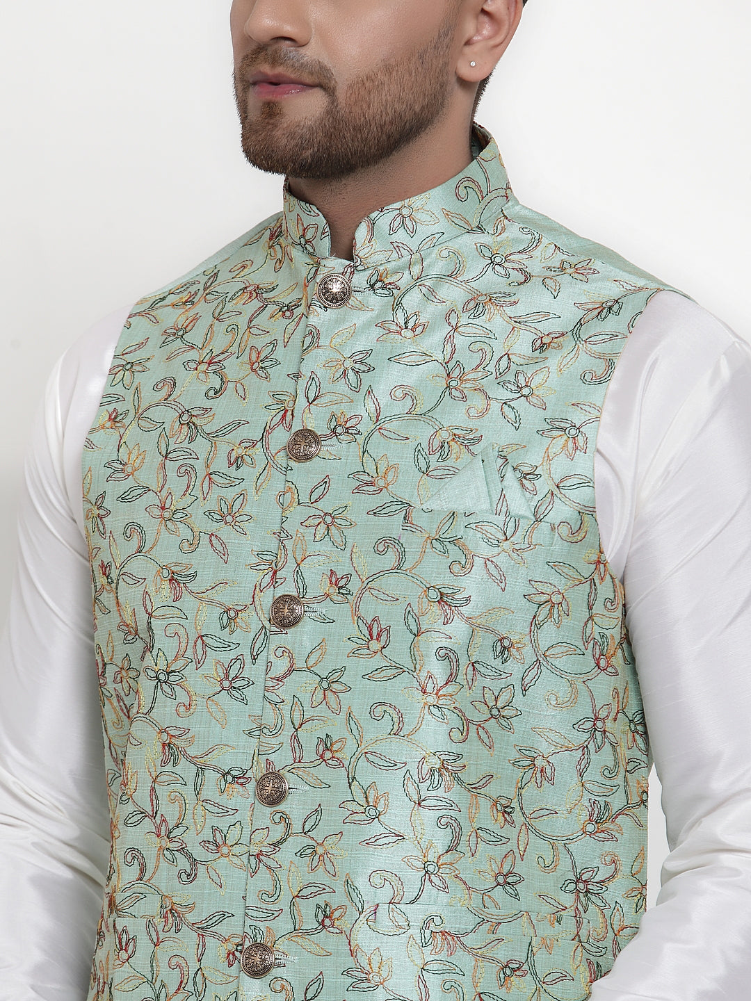 Jompers Men's Solid Dupion Kurta Pajama with Woven Nehru Jacket ( JOKPWC OW-D 4013Sky )