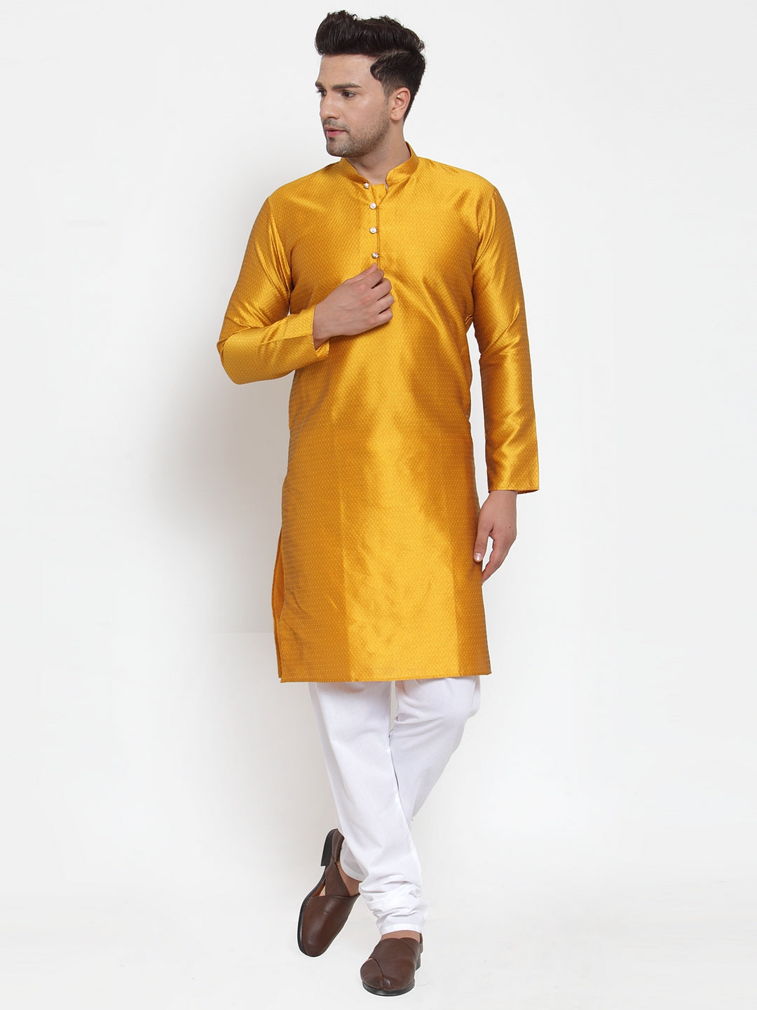 Jompers Men's Yellow Jacquard Kurta Payjama Sets ( JOKP 589Yellow )