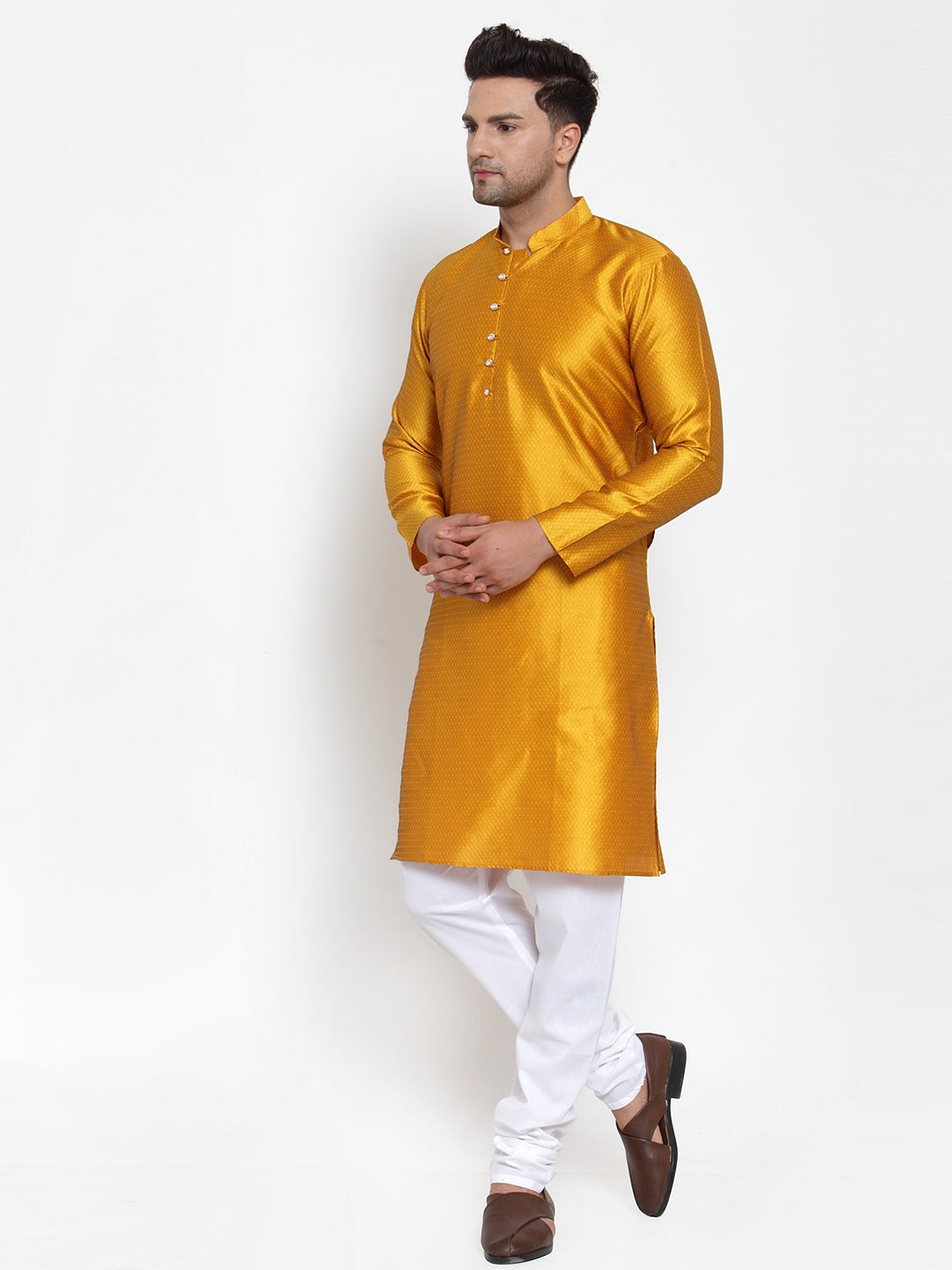 Jompers Men's Yellow Jacquard Kurta Payjama Sets ( JOKP 589Yellow )