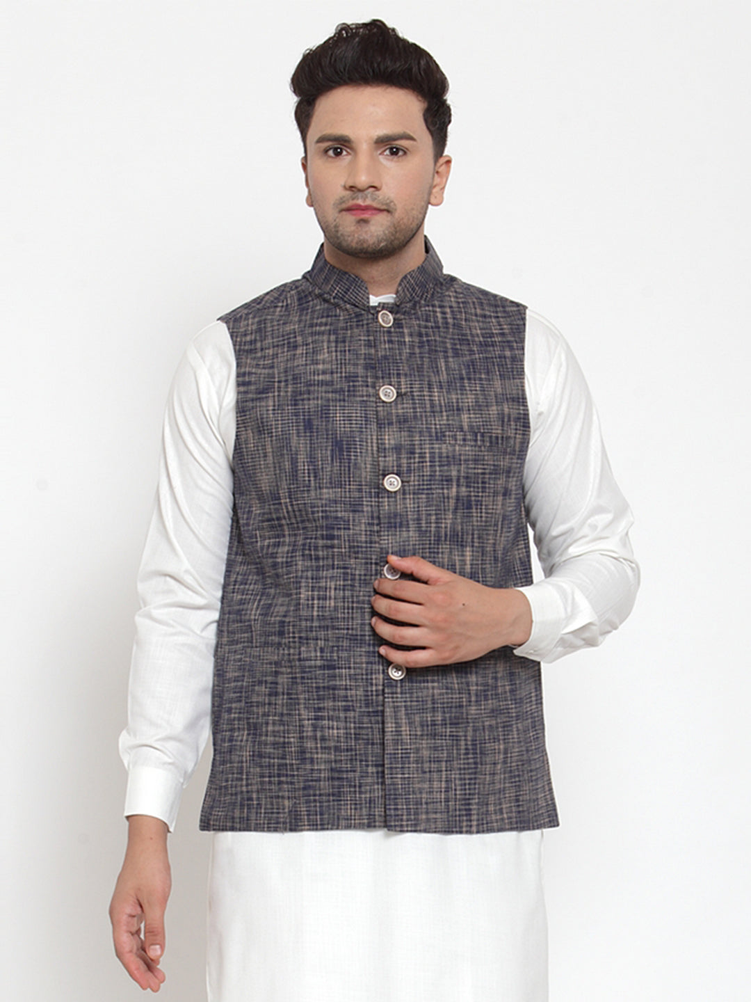 Jompers Men's Blue Woven Design Nehru Jacket ( JOWC 4011 Blue )