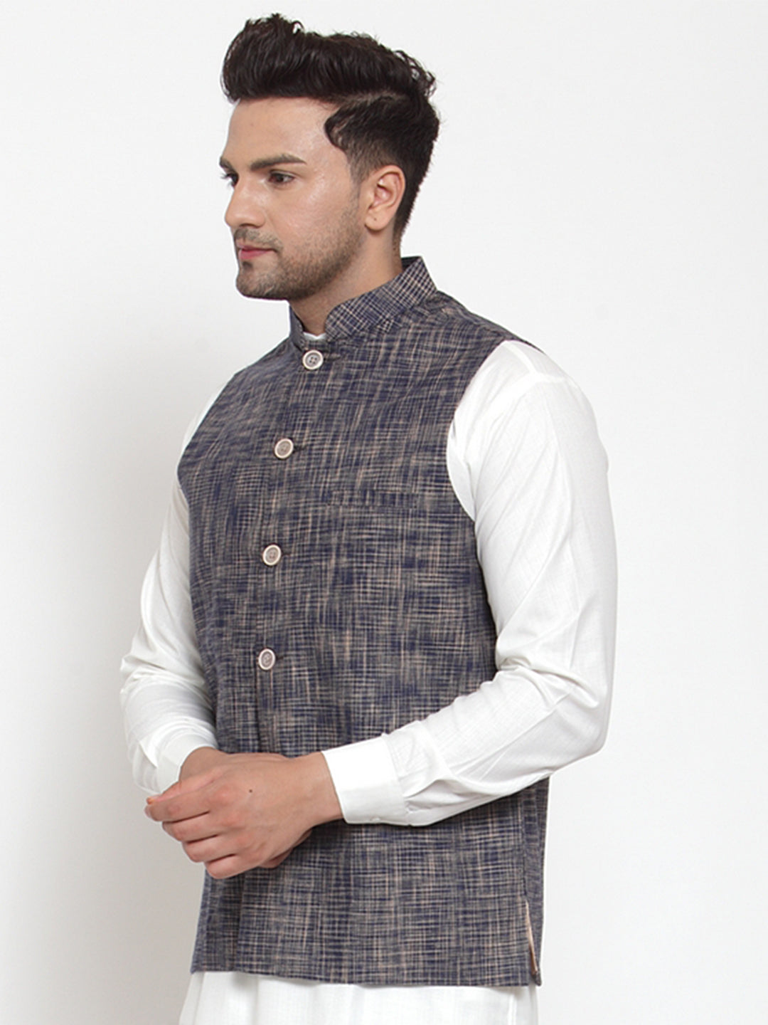 Jompers Men's Blue Woven Design Nehru Jacket ( JOWC 4011 Blue )