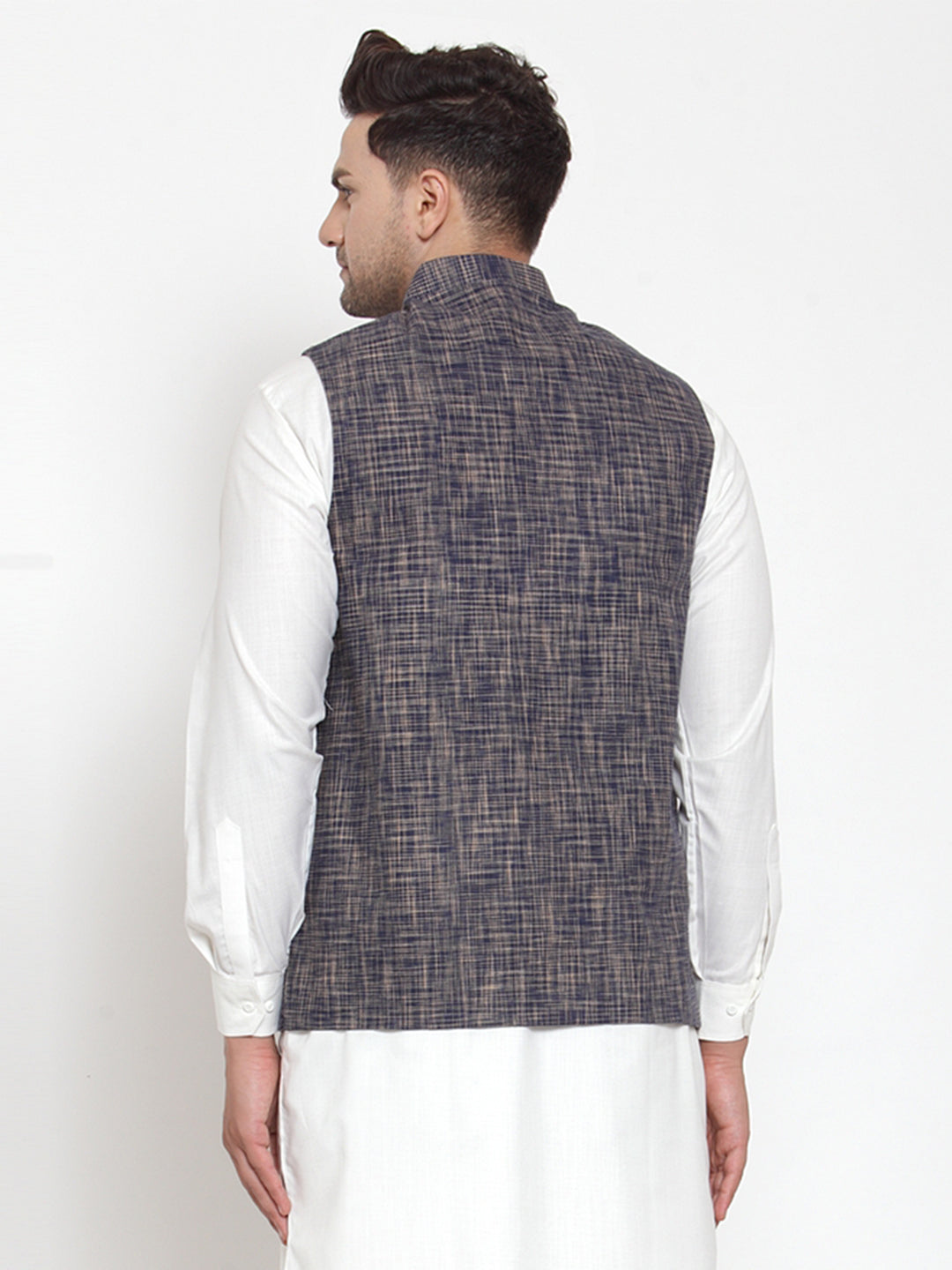 Jompers Men's Blue Woven Design Nehru Jacket ( JOWC 4011 Blue )