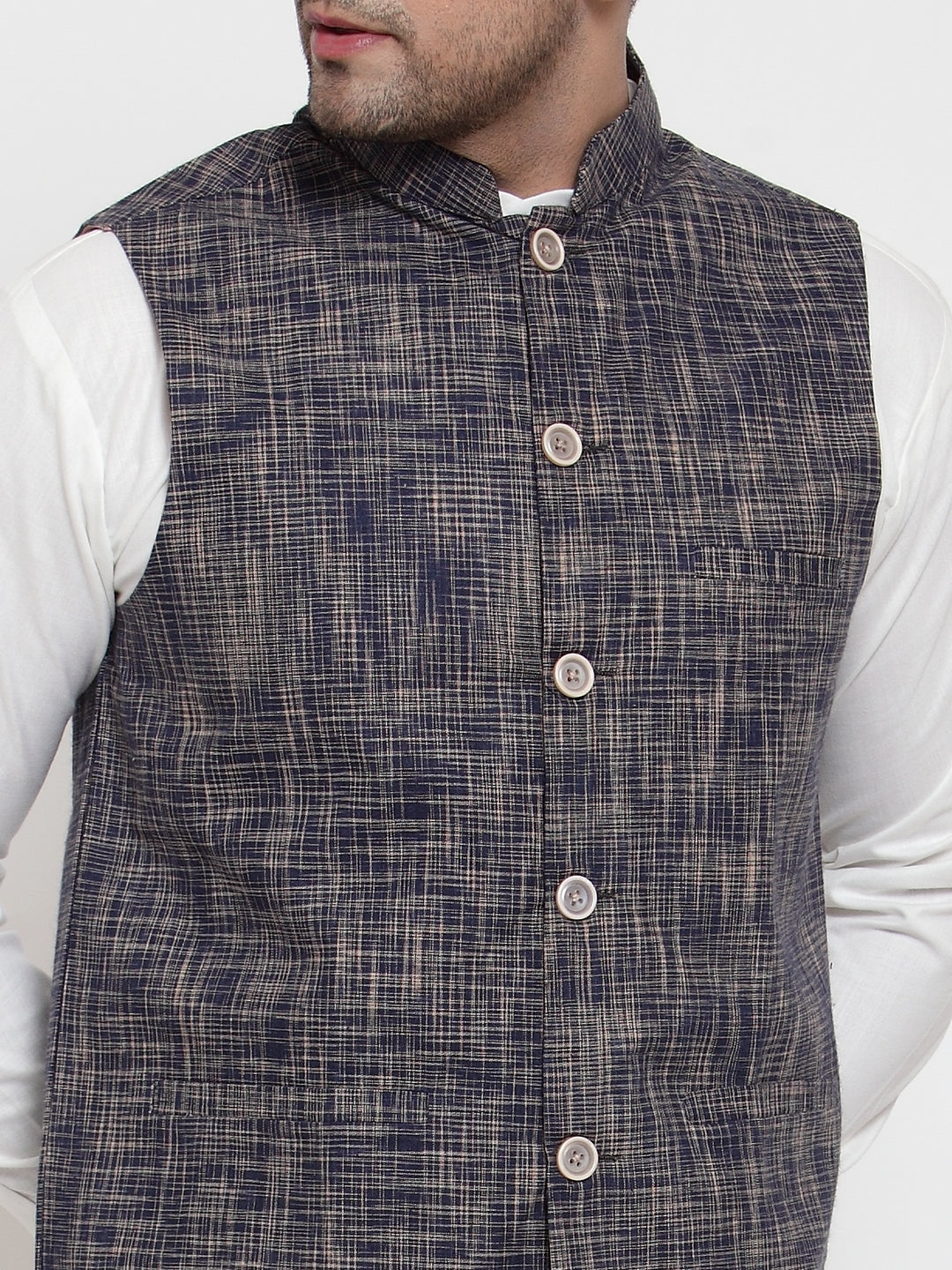 Jompers Men's Blue Woven Design Nehru Jacket ( JOWC 4011 Blue )