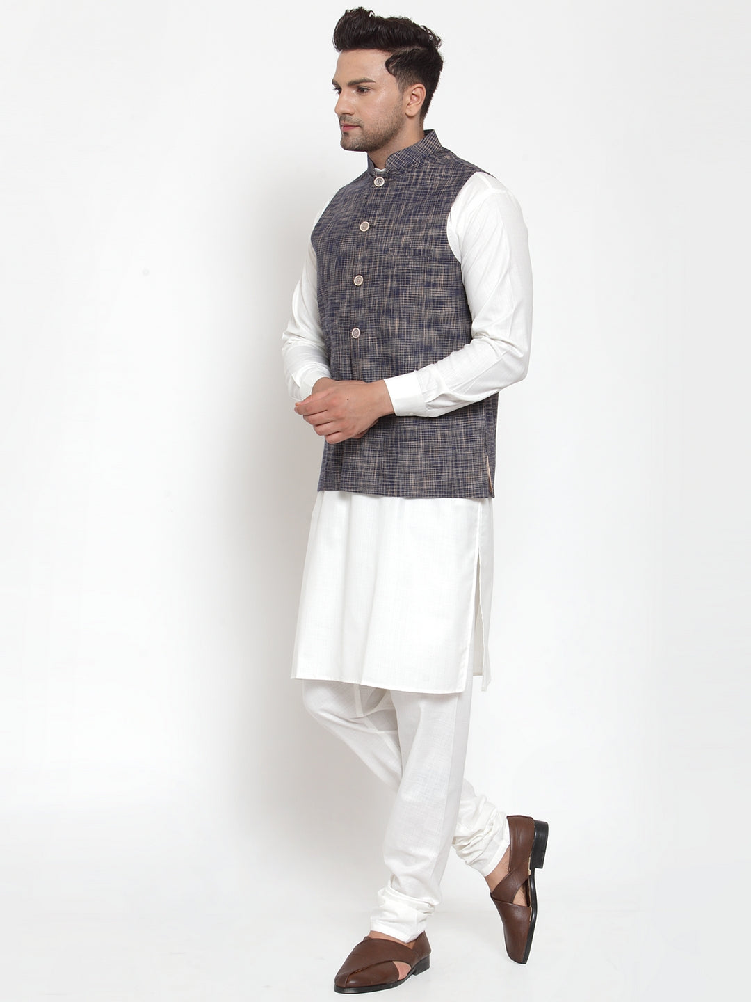 Jompers Men's Blue Woven Design Nehru Jacket ( JOWC 4011 Blue )