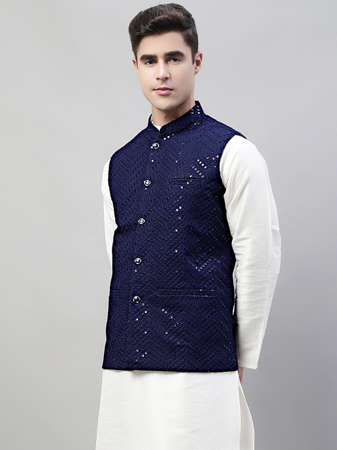Men Sequins Embroidered Rayon Nehru Jacket