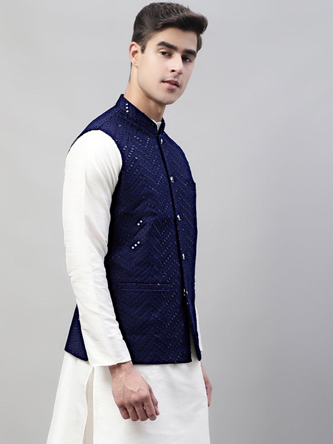 Men's Sequins Embroidered Rayon Nehru Jacket