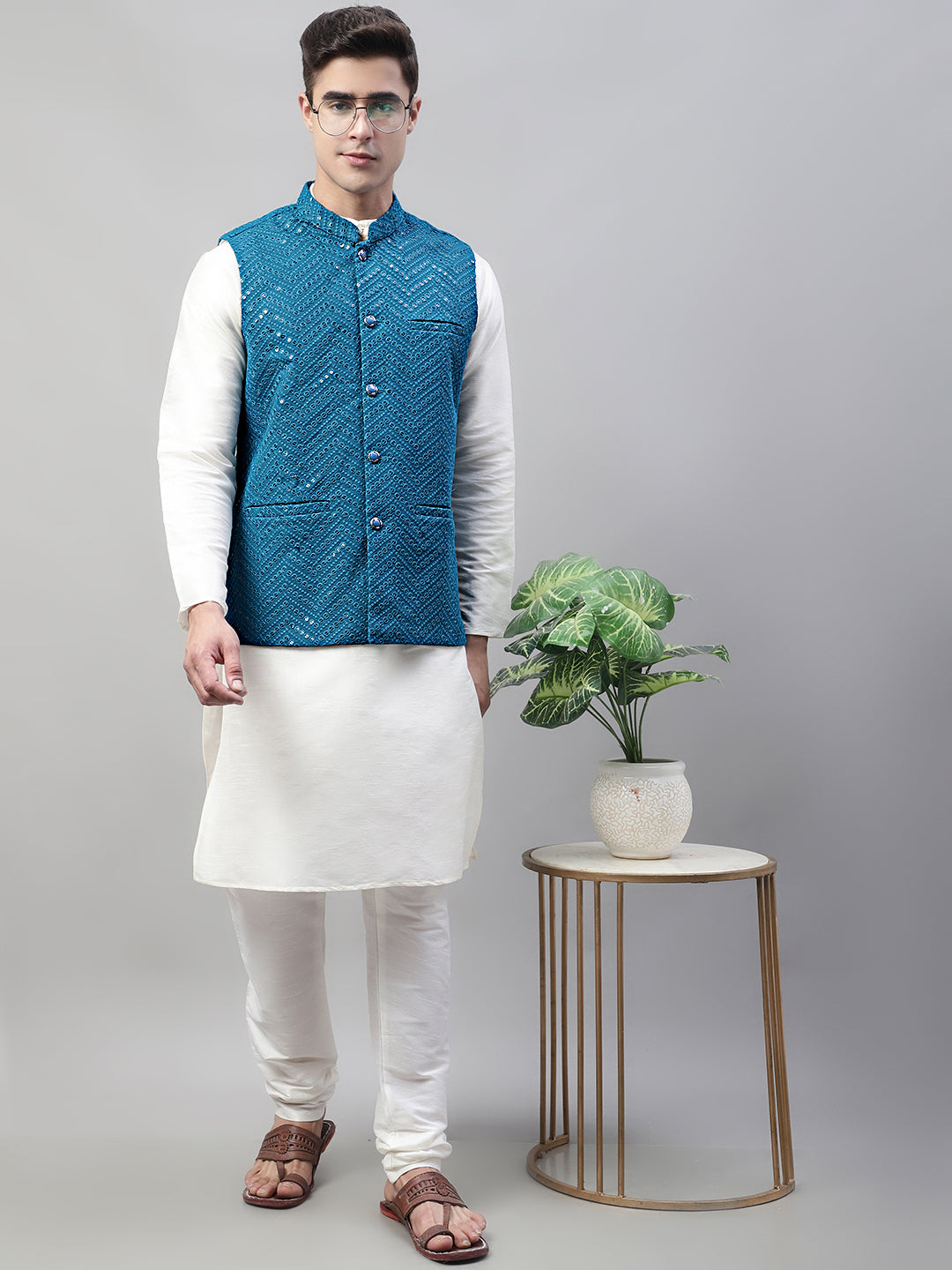 Men Sequins Embroidered Rayon Nehru Jacket