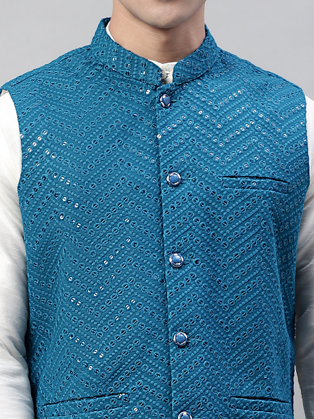 Men Sequins Embroidered Rayon Nehru Jacket