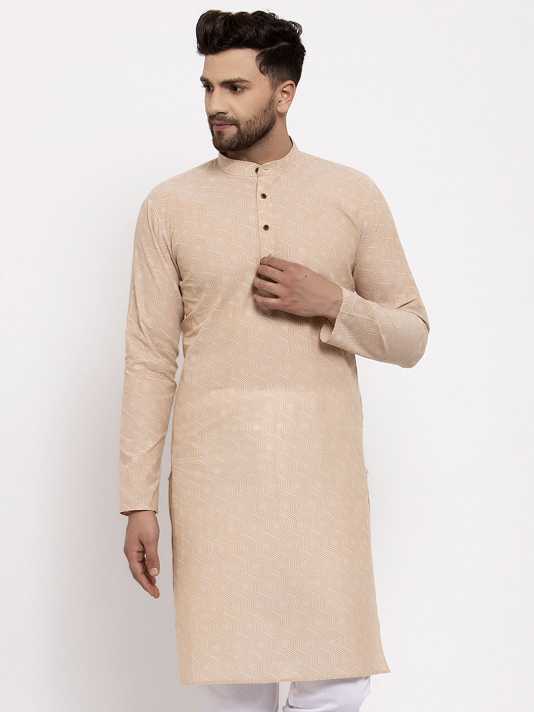Jompers Men's Beige Cotton Printed Kurta Only ( KO 604Beige )