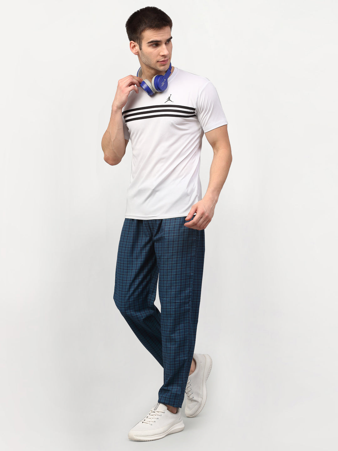 Indian Needle Men's Blue Cotton Checked Track Pants ( JOG 017Blue )