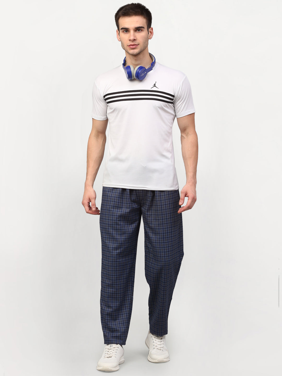 Indian Needle Men's Navy Blue Cotton Checked Track Pants ( JOG 017Navy-Grey )