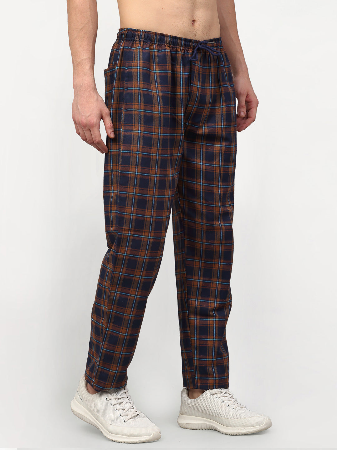 Indian Needle Men's Orange Cotton Checked Track Pants ( JOG 018Orange-Blue )
