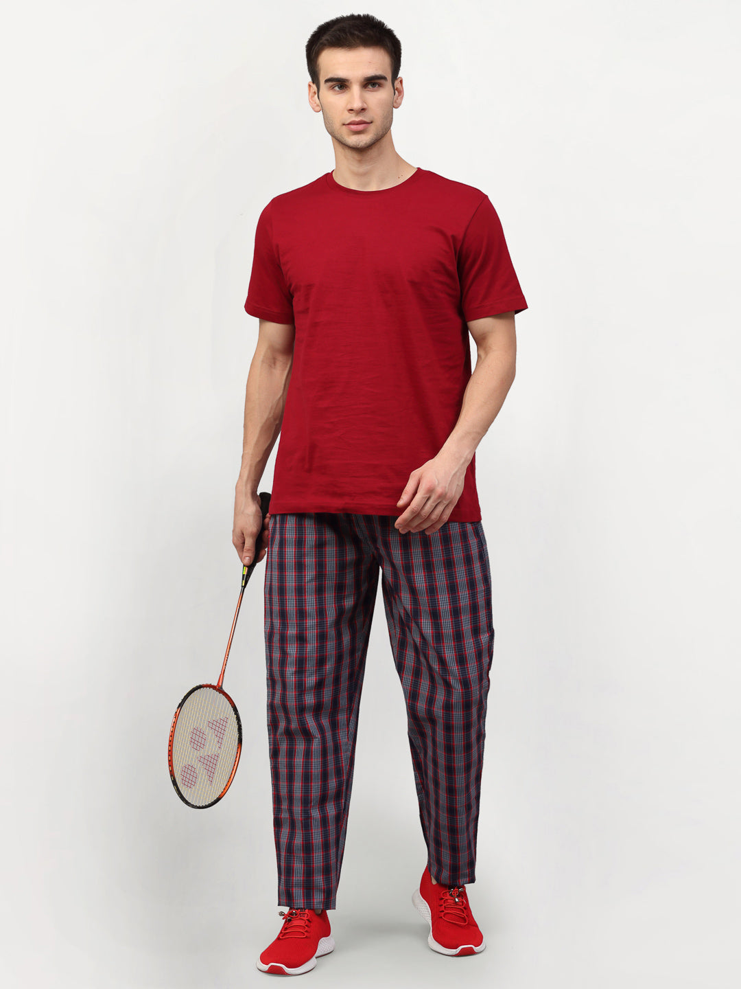 Indian Needle Men's Grey Cotton Checked Track Pants ( JOG 019Grey-Red )