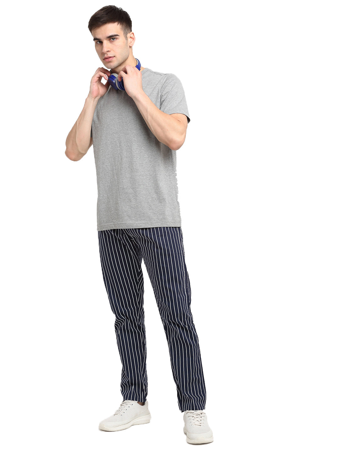 Indian Needle Men's Navy Blue Cotton Striped Track Pants ( JOG 020Navy )