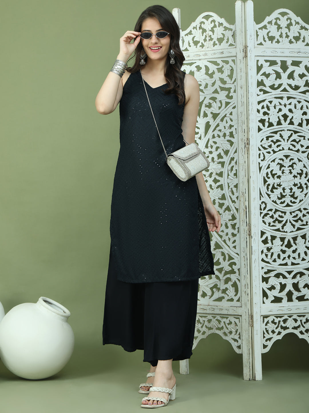 Embroidered Rayon Kurta for Women ( JOK 1579 Black )