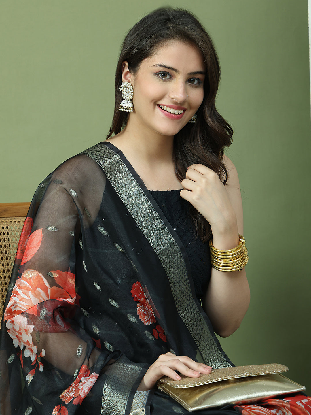 Backless Designer Kurta Palazzo Set with Floral Dupatta ( JOKPL 2137B D66B 1577 Black )