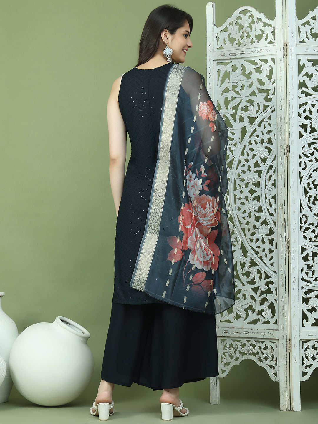 Embroidered Rayon Kurta Palazzos With dupatta ( JOKPL 2137B D66B 1579 Black )