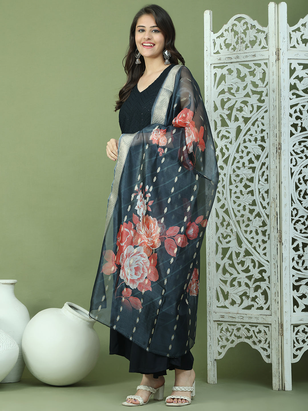 Embroidered Rayon Kurta Palazzos With dupatta ( JOKPL 2137B D66B 1579 Black )
