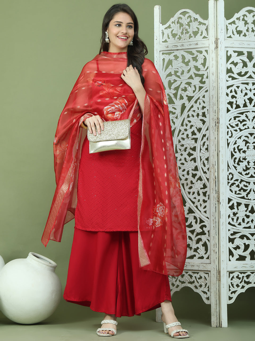 Backless Designer Kurta Palazzo Set with Floral Dupatta ( JOKPL 2137B D66R 1577 Maroon )