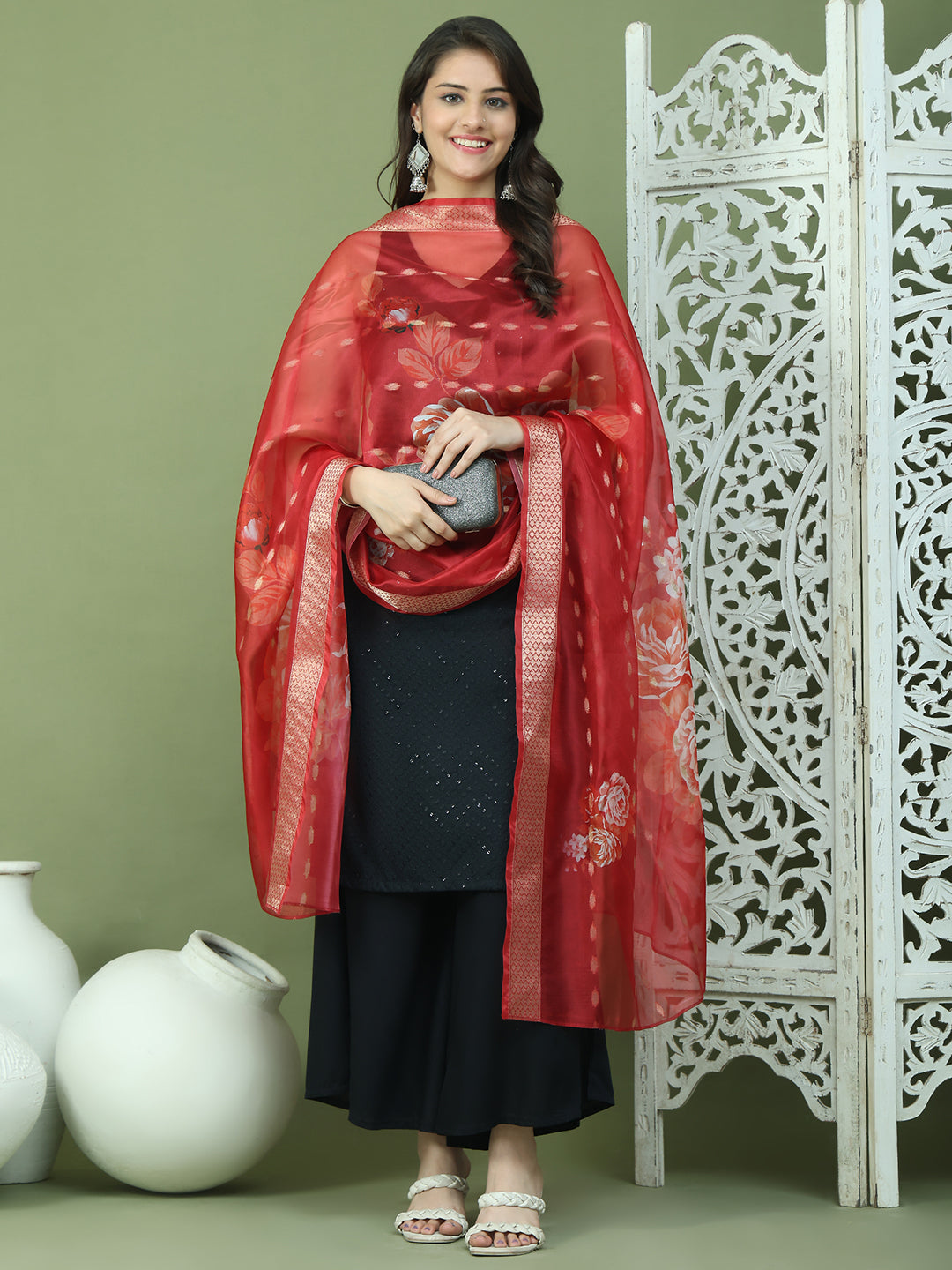 Embroidered Rayon Kurta Palazzos With dupatta ( JOKPL 2137B D66R 1579 Black )