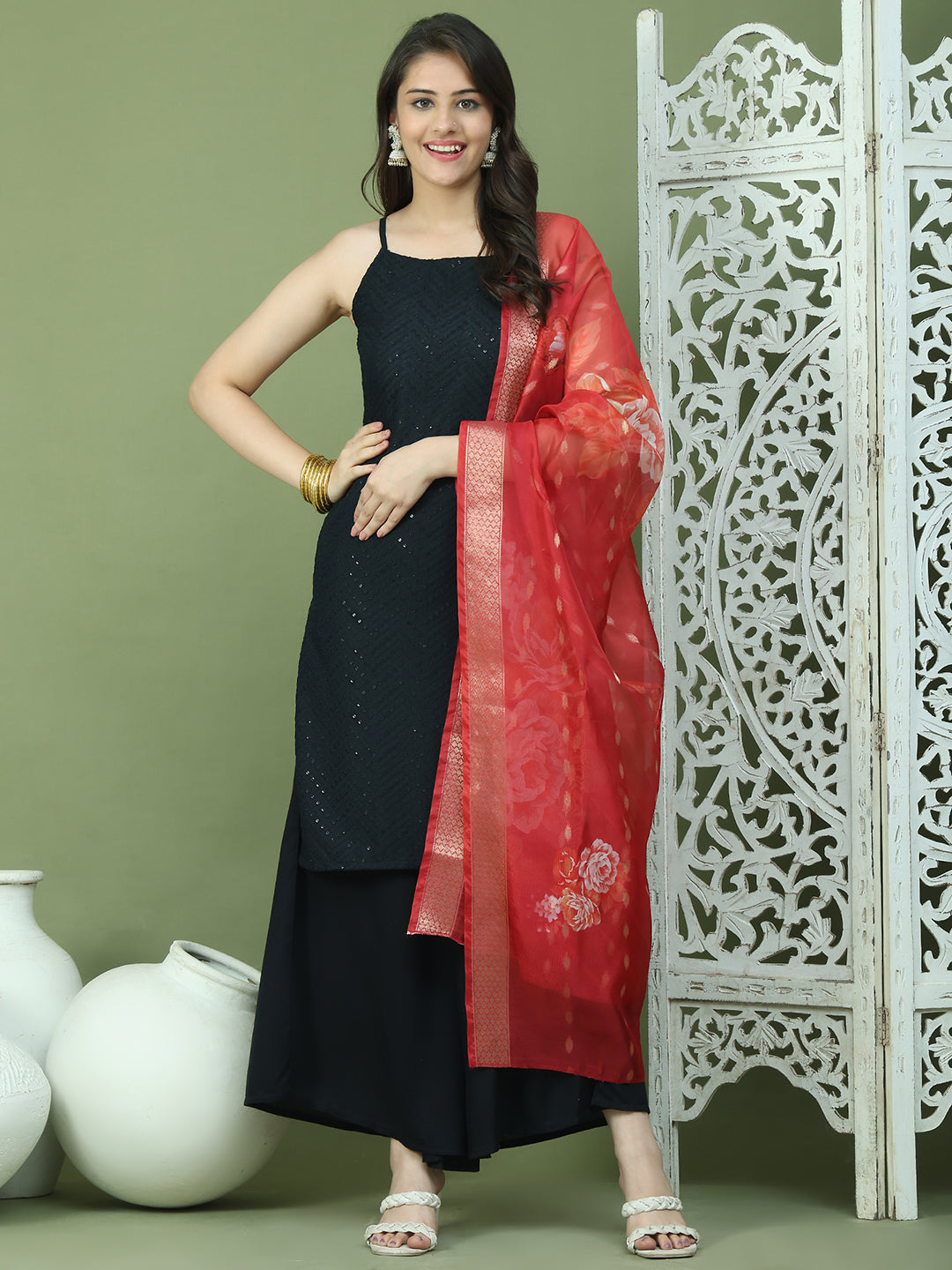 Backless Designer Kurta Palazzo Set with Floral Dupatta ( JOKPL 2137B D66R 1577 Black )