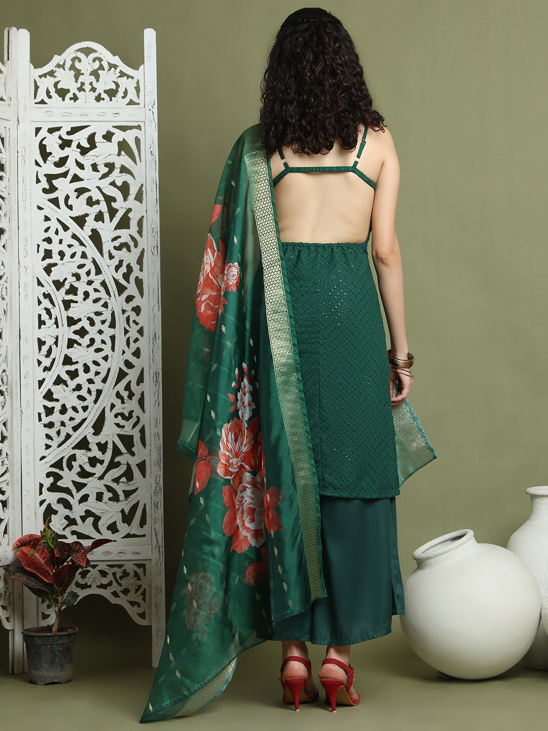 Backless Designer Kurta Palazzo Set with Floral Dupatta ( JOKPL 2137G D66G 1577 Green )