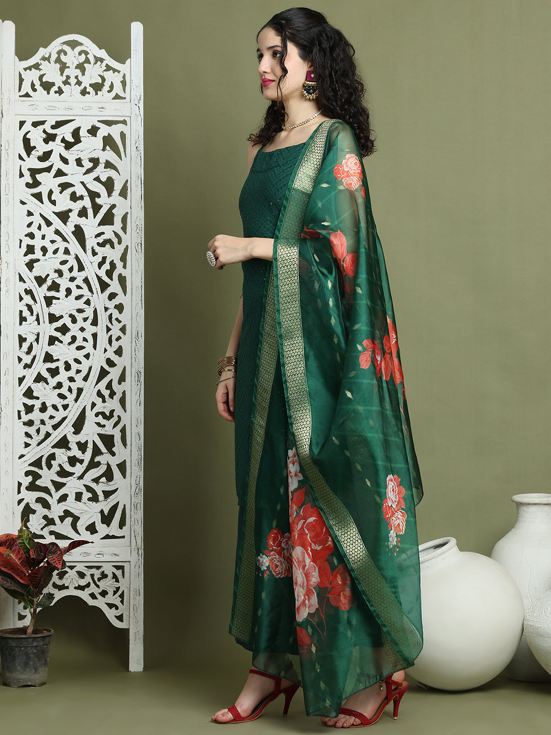 Backless Designer Kurta Palazzo Set with Floral Dupatta ( JOKPL 2137G D66G 1577 Green )