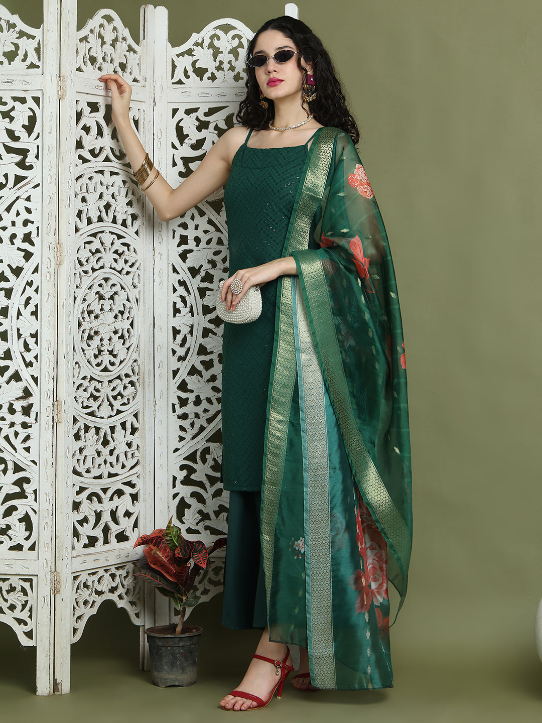 Backless Designer Kurta Palazzo Set with Floral Dupatta ( JOKPL 2137G D66G 1577 Green )