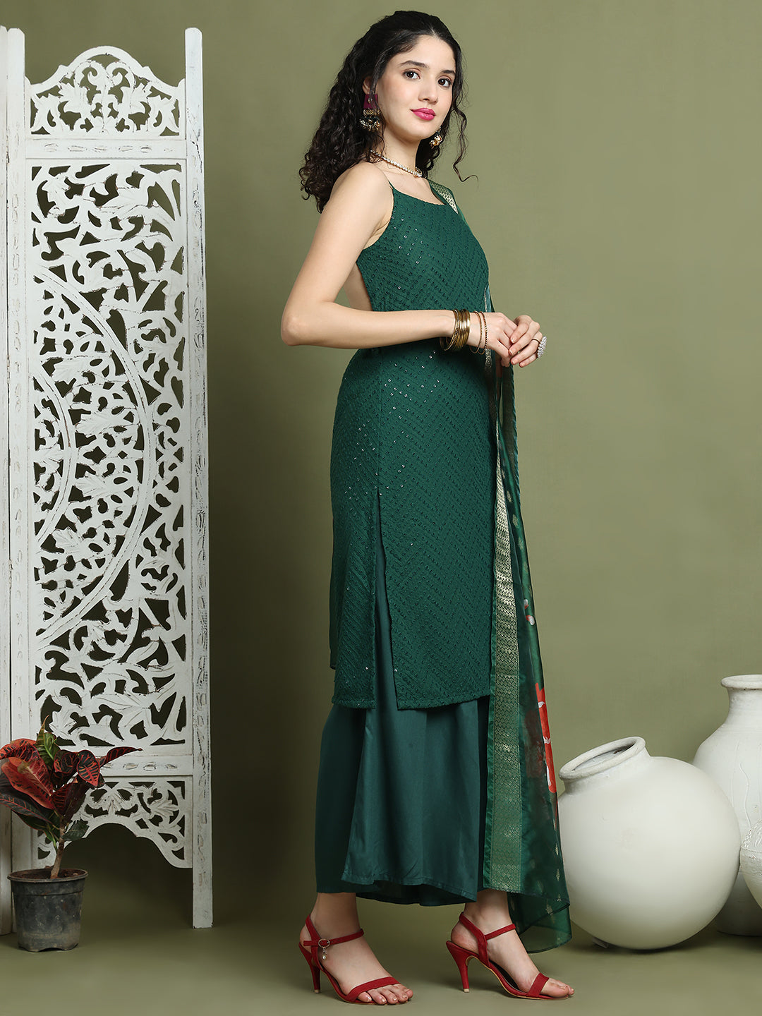 Backless Designer Kurta Palazzo Set with Floral Dupatta ( JOKPL 2137G D66G 1577 Green )