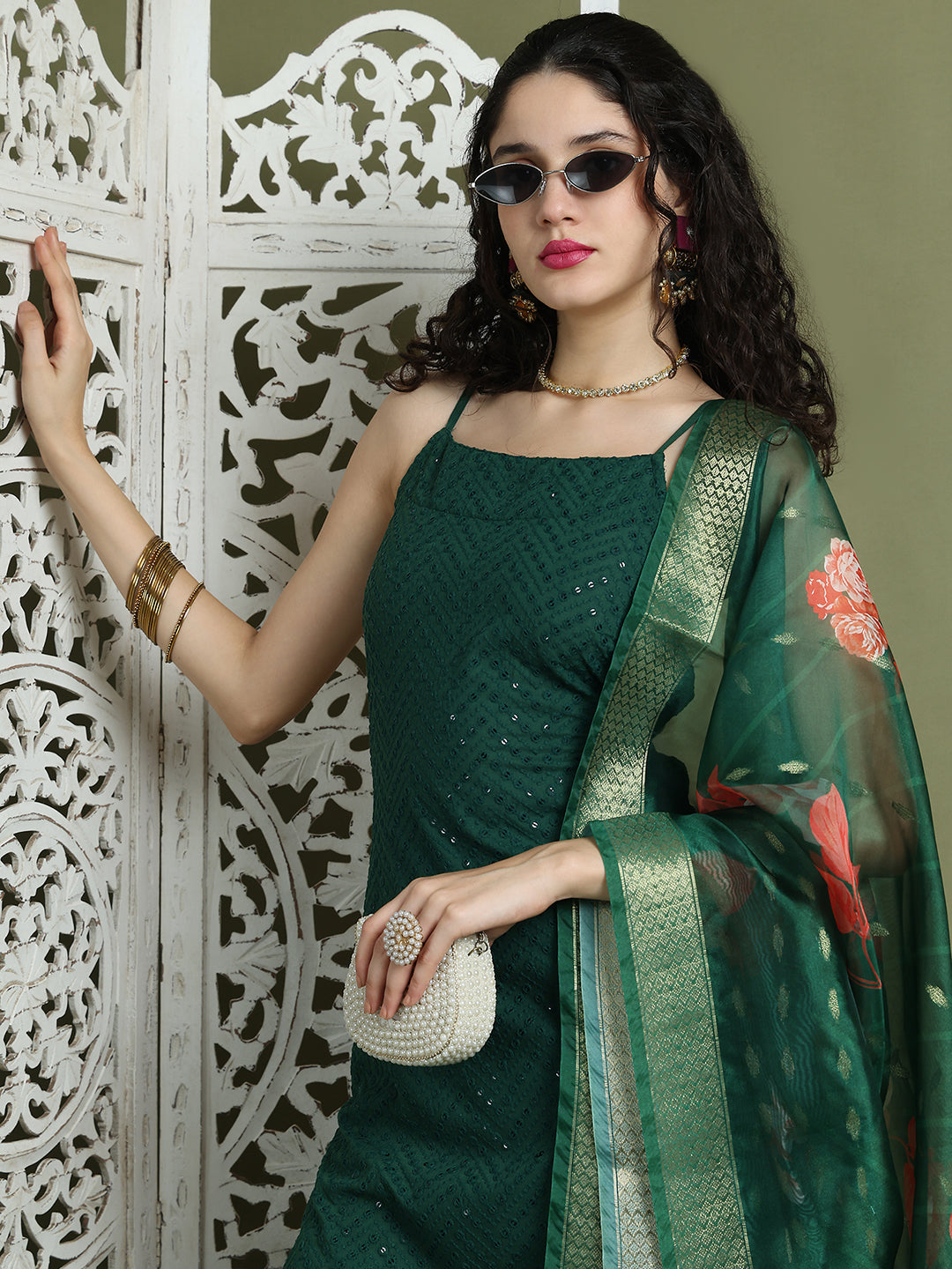 Backless Designer Kurta Palazzo Set with Floral Dupatta ( JOKPL 2137G D66G 1577 Green )