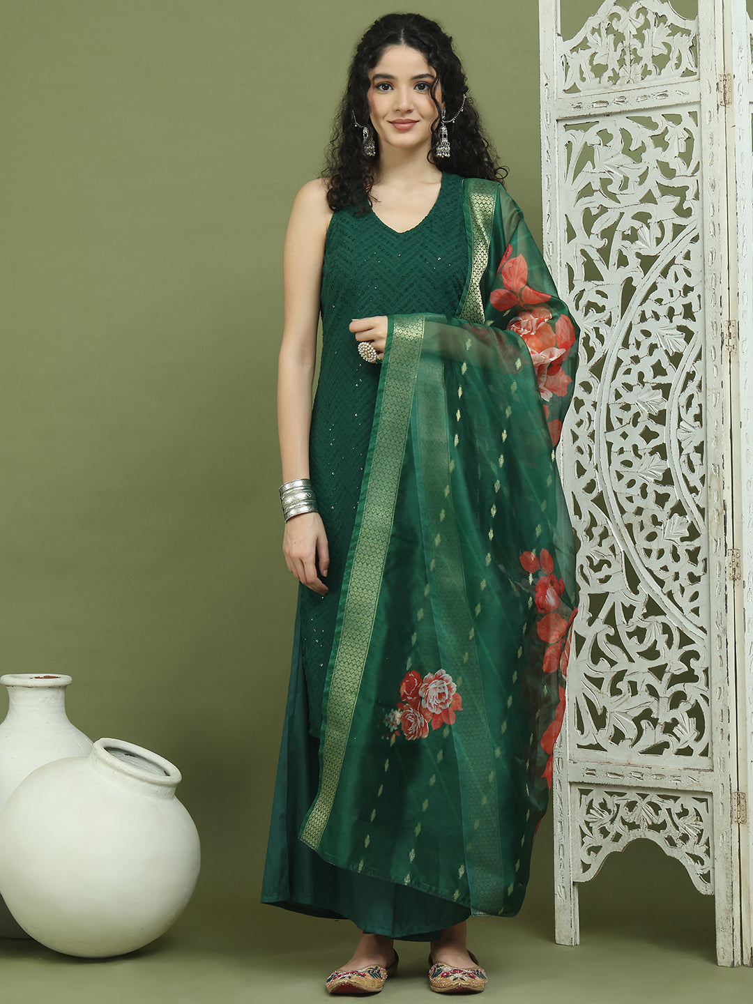 Embroidered Rayon Kurta Palazzos With dupatta ( JOKPL 2137G D66G 1579 Green )