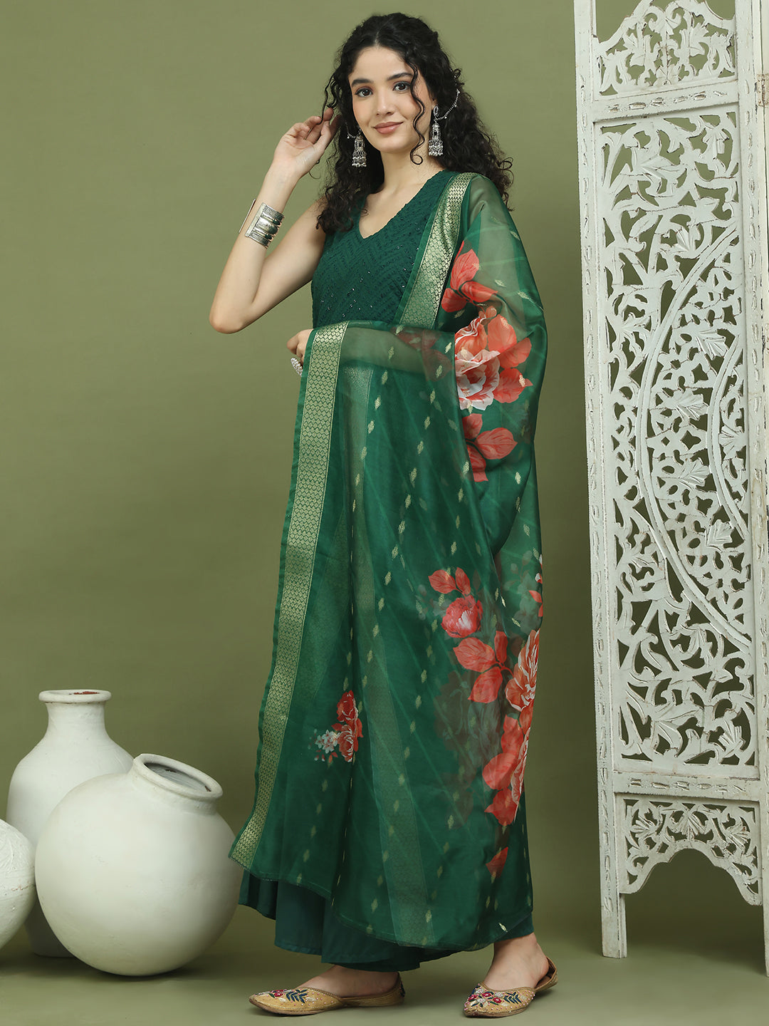 Embroidered Rayon Kurta Palazzos With dupatta ( JOKPL 2137G D66G 1579 Green )