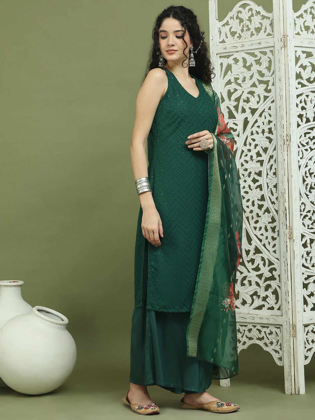 Embroidered Rayon Kurta Palazzos With dupatta ( JOKPL 2137G D66G 1579 Green )