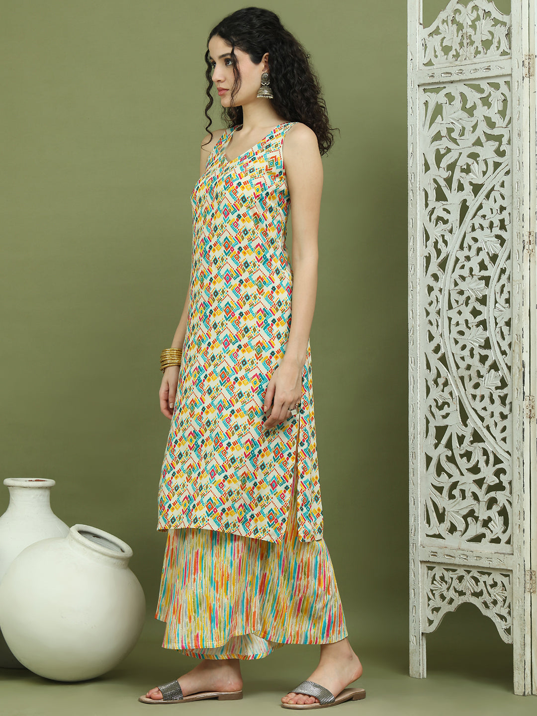 Foil Printed Sleeveless Kurta With Palazzos for Women ( JOKPL 2137Mul 1576 Ivory )