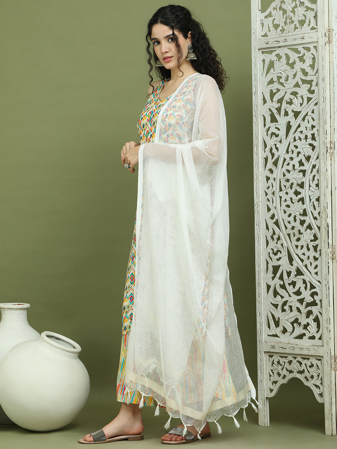 Foil Printed Rayon Kurta Palazzos & Dupatta for Women ( JOKPL 2137Mul D31W 1576 Ivory )