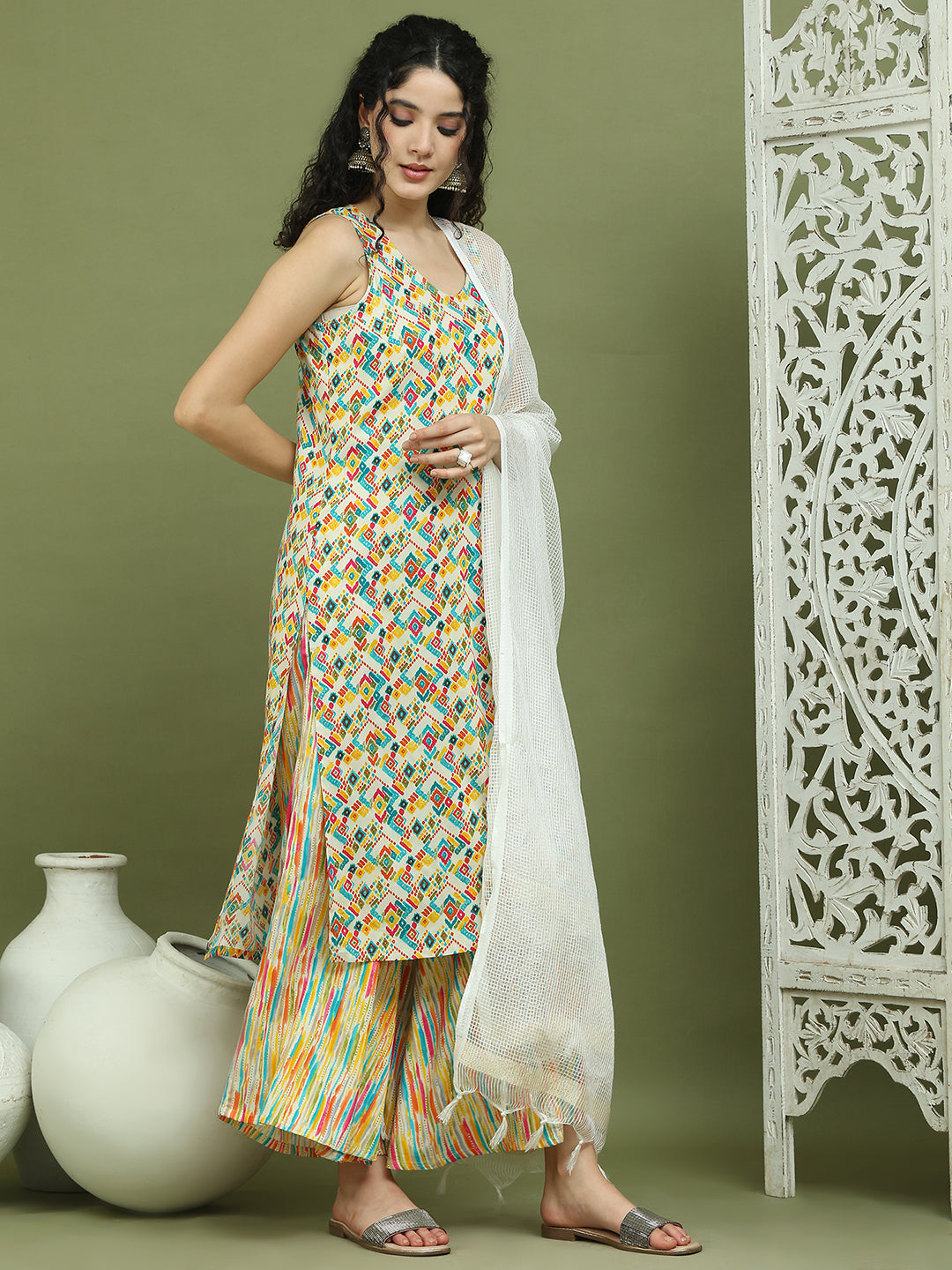 Foil Printed Rayon Kurta Palazzos & Dupatta for Women ( JOKPL 2137Mul D31W 1576 Ivory )
