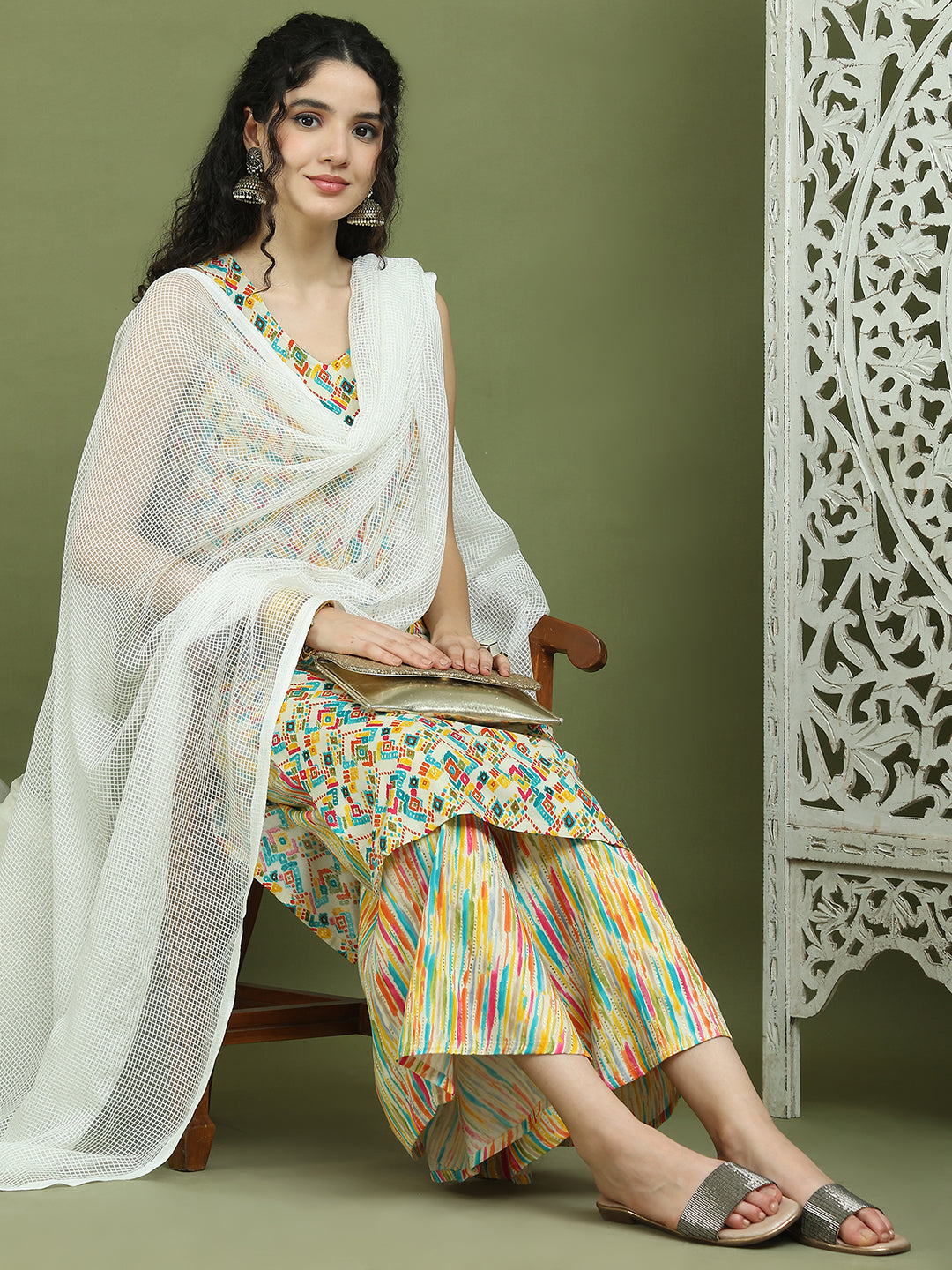 Foil Printed Rayon Kurta Palazzos & Dupatta for Women ( JOKPL 2137Mul D31W 1576 Ivory )