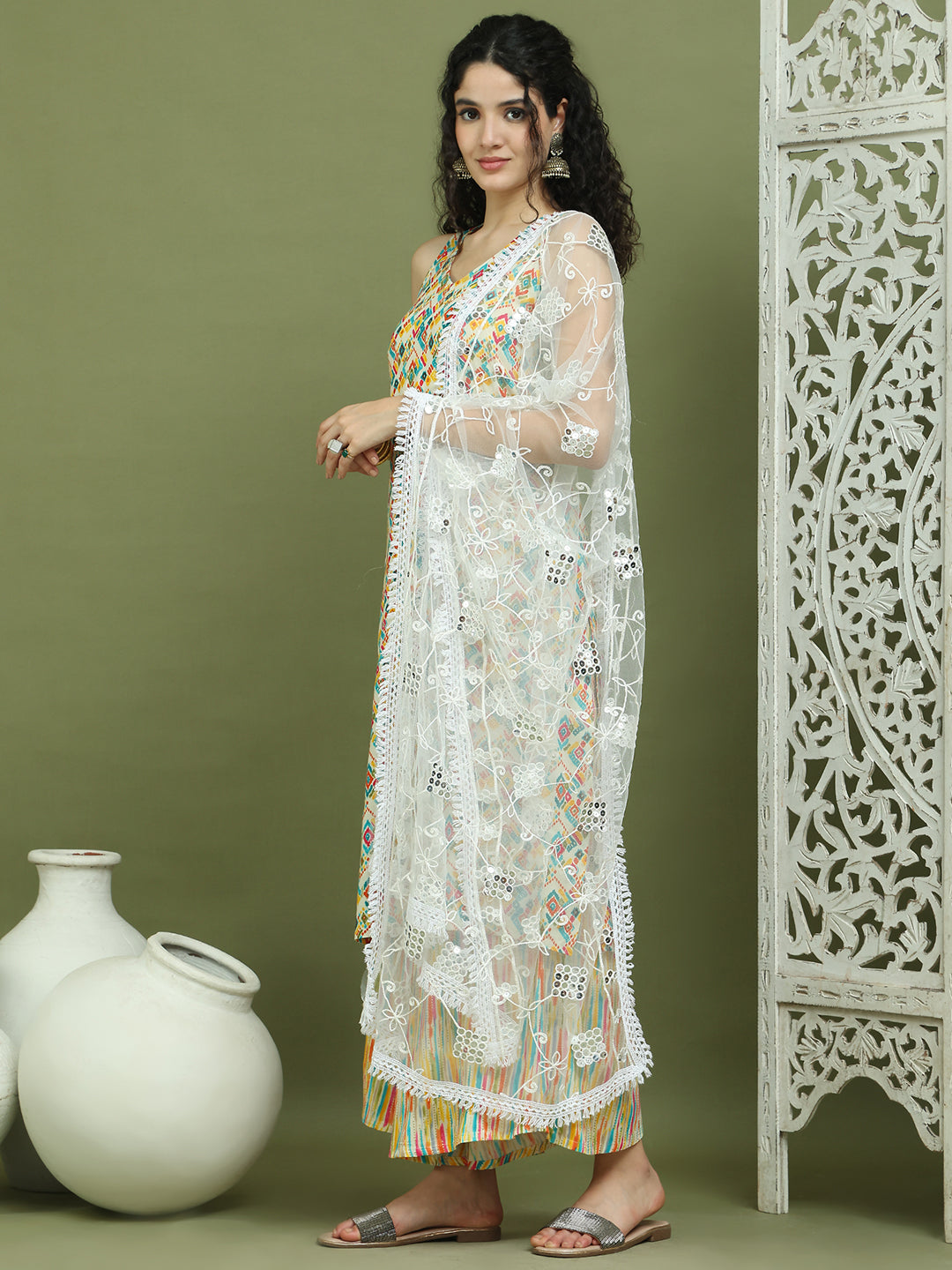 Foil Printed Rayon Kurta Palazzos & Dupatta for Women ( JOKPL 2137Mul D67W 1576 Ivory )