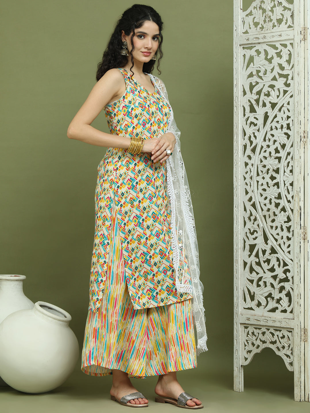 Foil Printed Rayon Kurta Palazzos & Dupatta for Women ( JOKPL 2137Mul D67W 1576 Ivory )