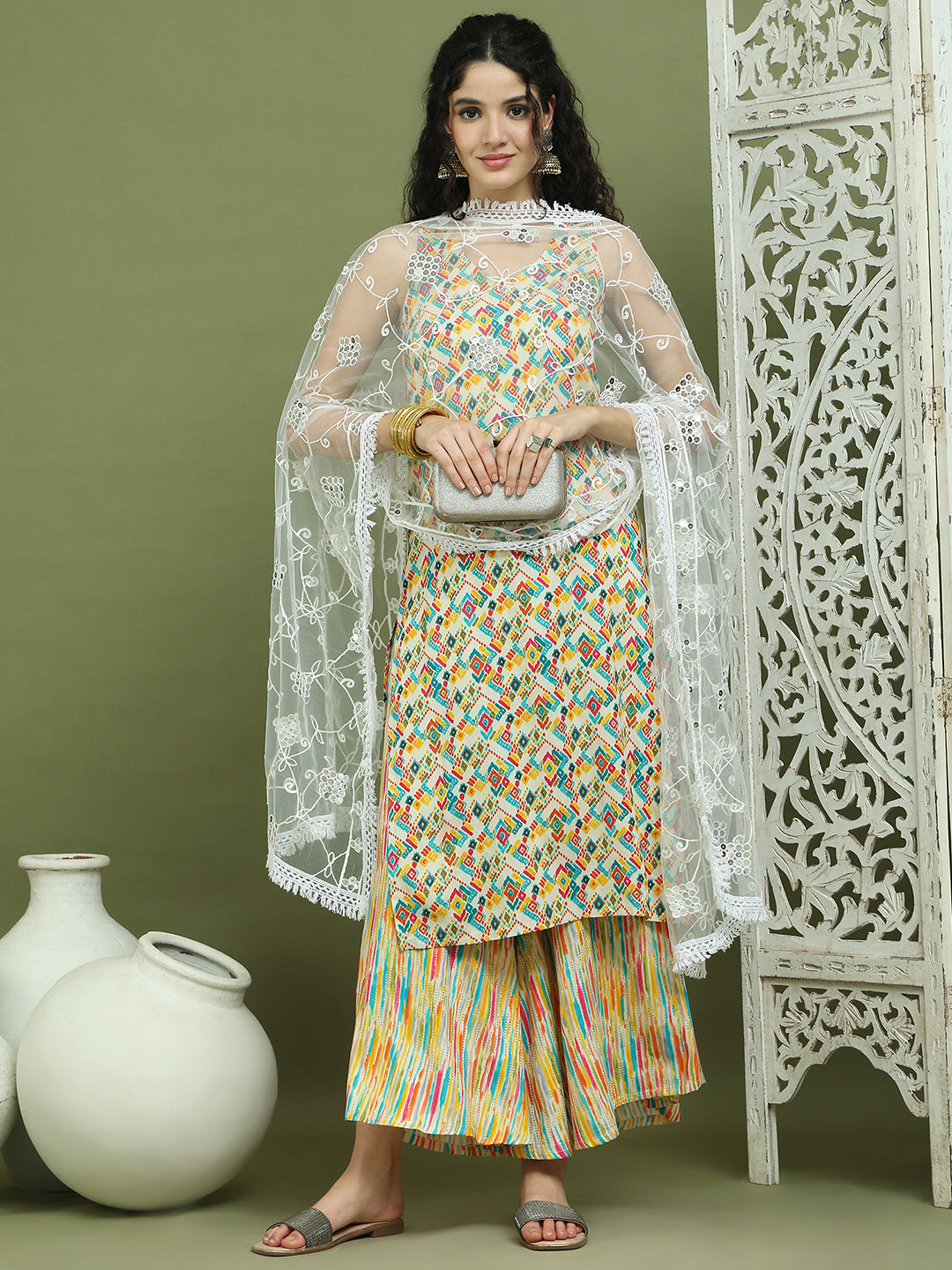 Foil Printed Rayon Kurta Palazzos & Dupatta for Women ( JOKPL 2137Mul D67W 1576 Ivory )