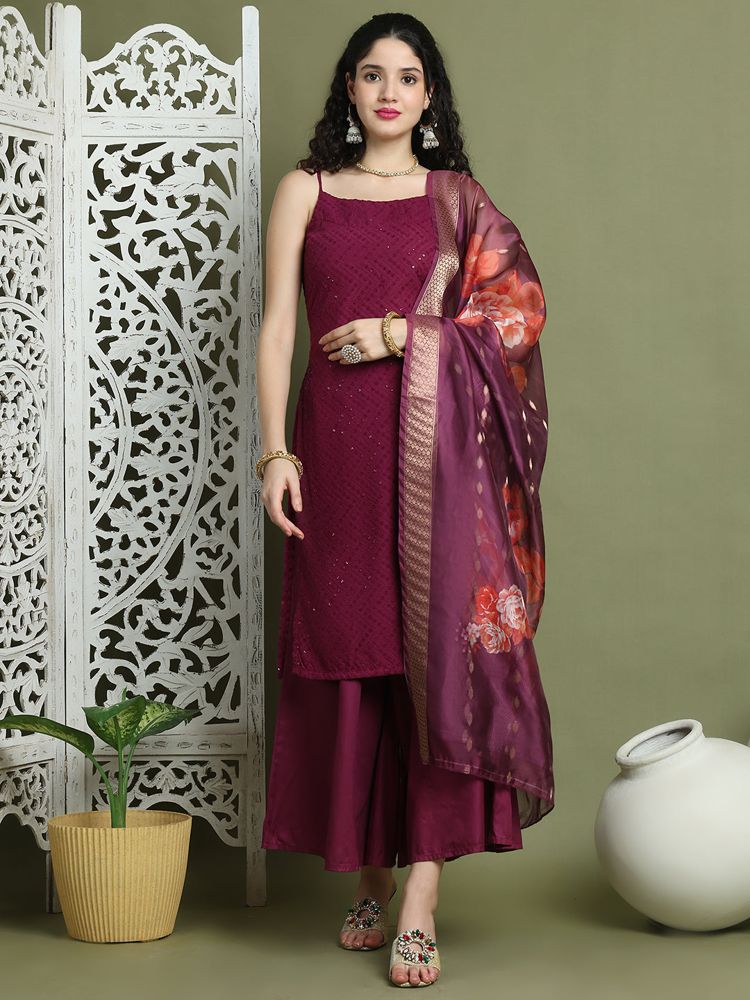 Backless Designer Kurta Palazzo Set with Floral Dupatta ( JOKPL 2137P D66P 1577 Purple )