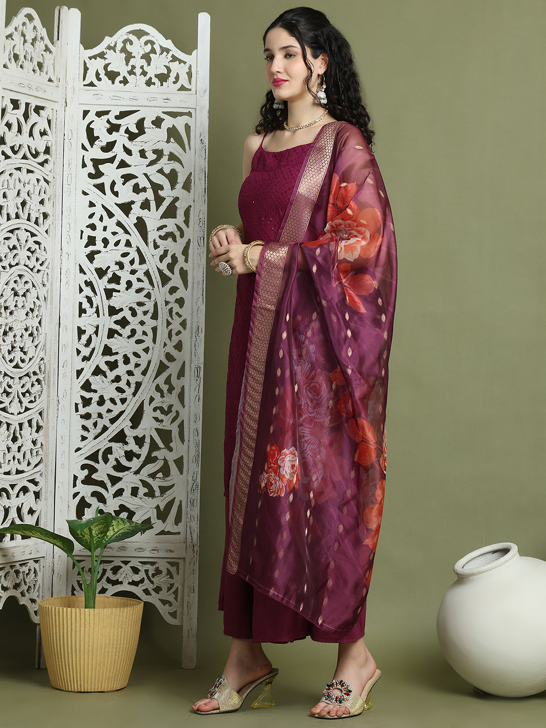 Backless Designer Kurta Palazzo Set with Floral Dupatta ( JOKPL 2137P D66P 1577 Purple )